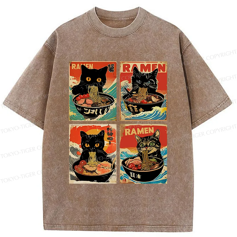 Tokyo-Tiger Four Cats Eating Ramen Washed T-Shirt