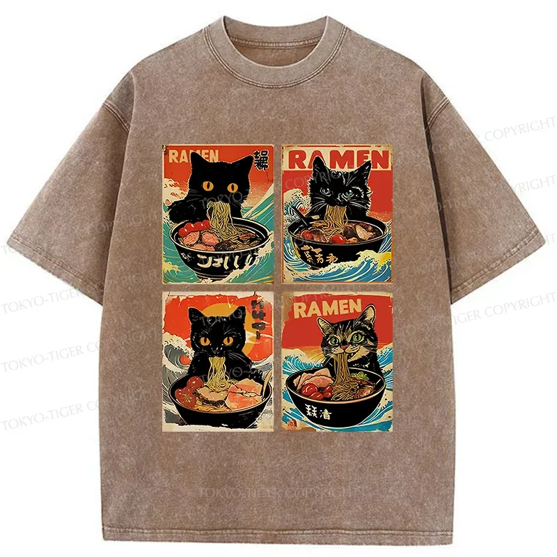 Tokyo-Tiger Four Cats Eating Ramen Washed T-Shirt