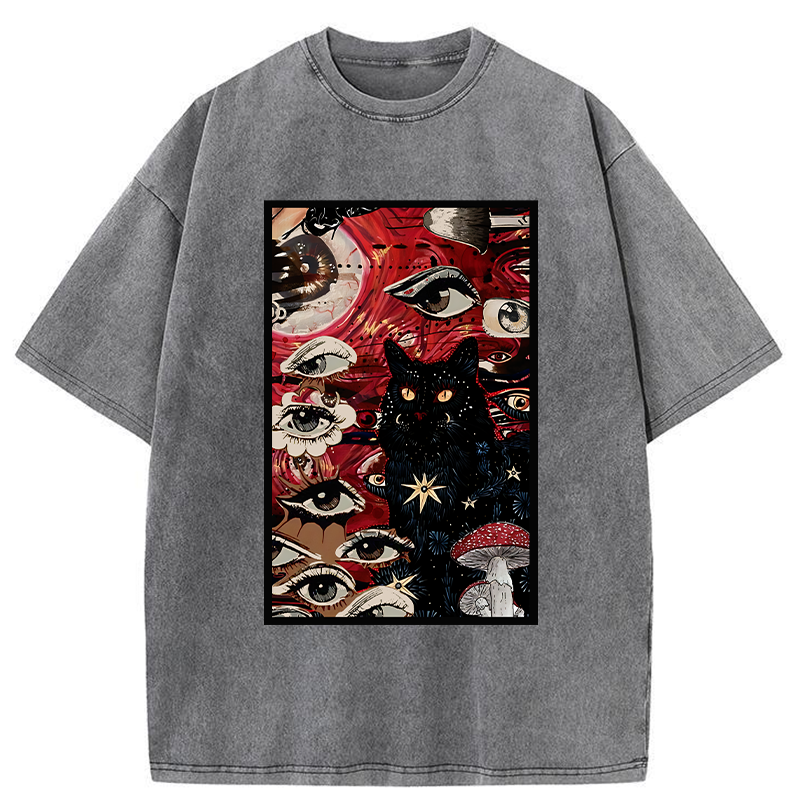 Tokyo-Tiger Psychedelic Black Cat Washed T-Shirt