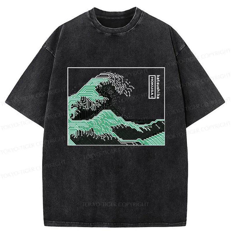 Tokyo-Tiger Wave Of Circuit Board Washed T-Shirt