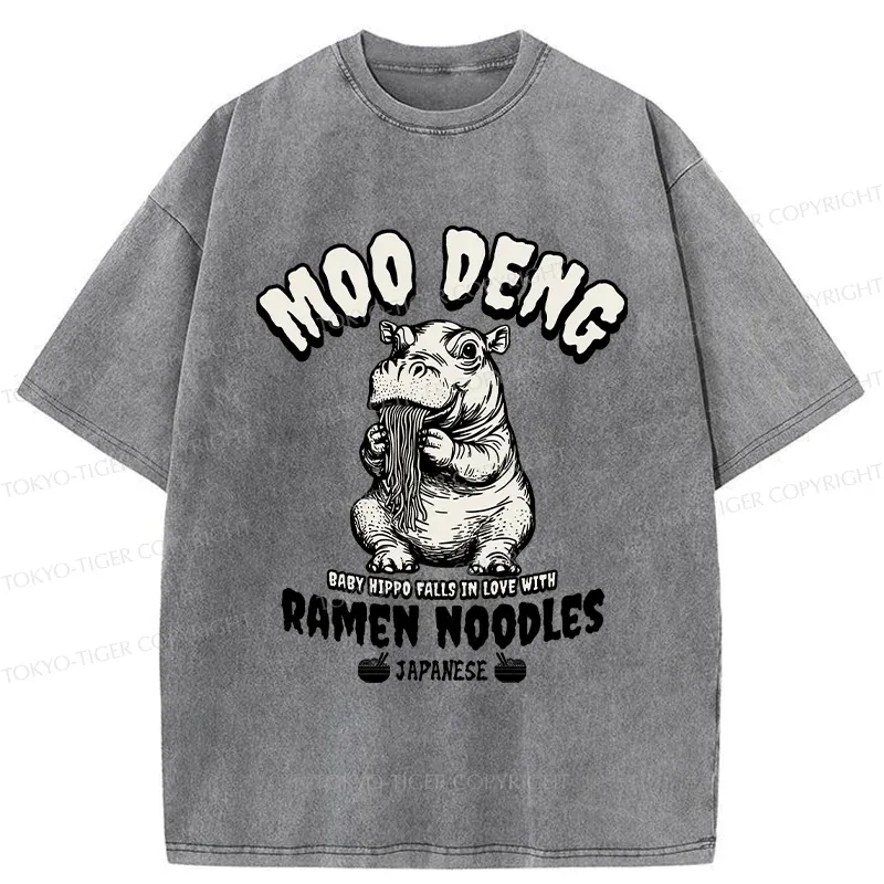 Tokyo-Tiger Moo Deng Eating Ramen Funny Washed T-Shirt