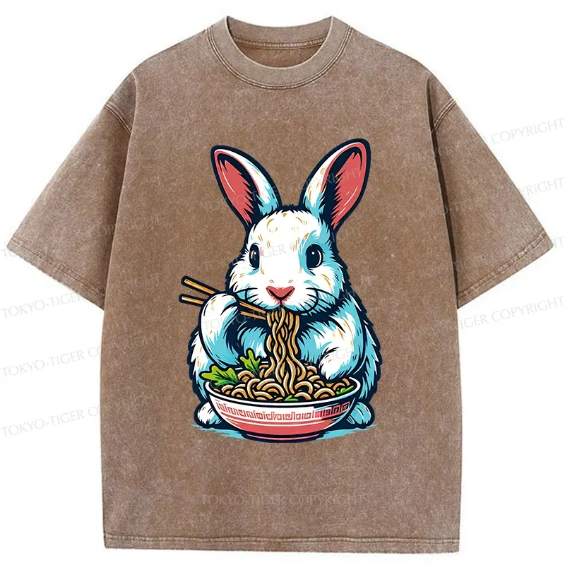 Tokyo-Tiger Easter Bunny Eating Ramen Washed T-Shirt