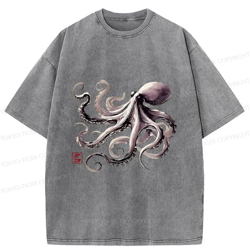 Tokyo-Tiger Retro Japanese Octopus Washed T-Shirt