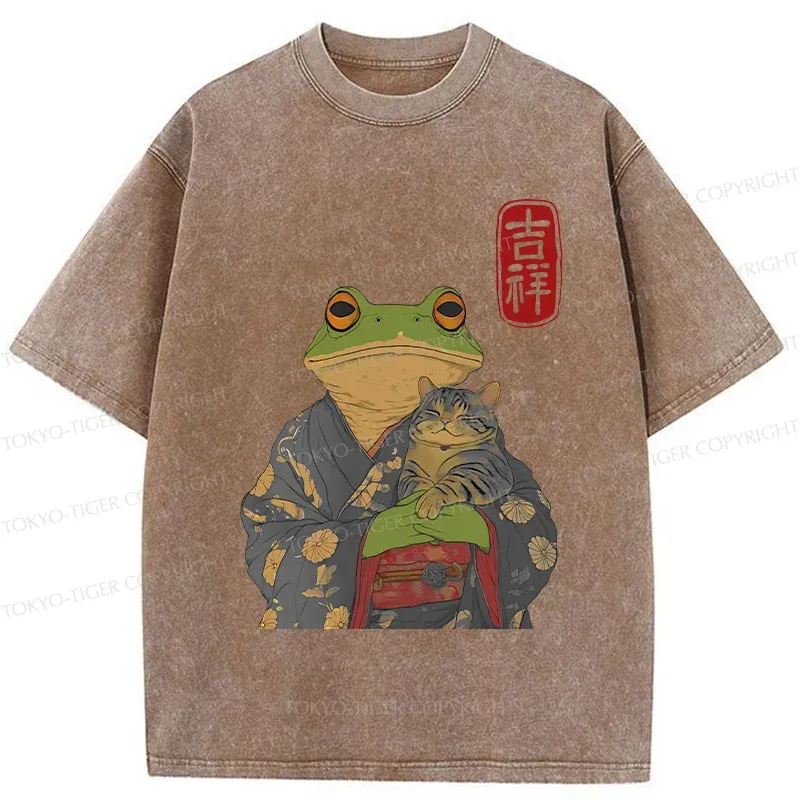 Tokyo-Tiger Frog Hugging Cat Washed T-Shirt