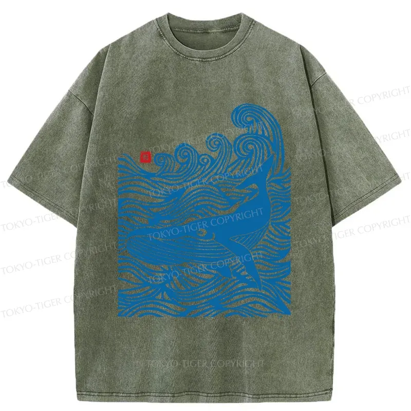 Tokyo-Tiger Woodcut Whale Washed T-Shirt