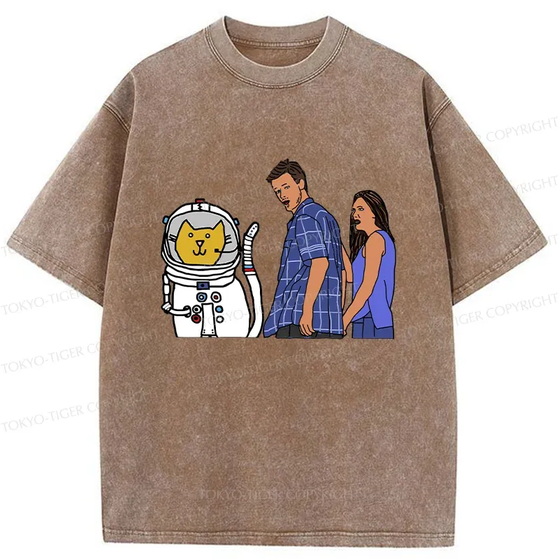 Tokyo-Tiger Funny Astronaut Cat Washed T-Shirt