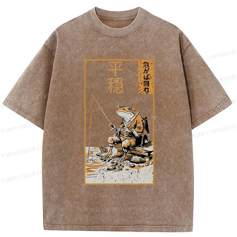 Tokyo-Tiger Frog Fishing Funny Washed T-Shirt