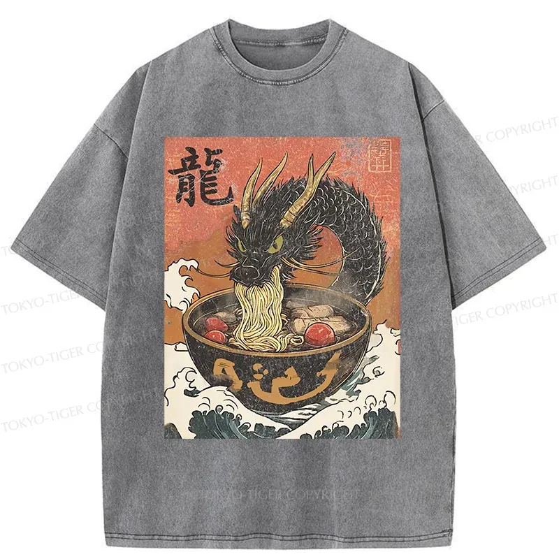 Tokyo-Tiger Dragon Eating Delicious Ramen Washed T-Shirt