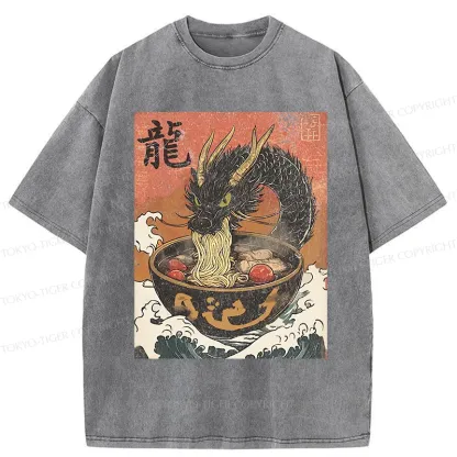 Tokyo-Tiger Dragon Eating Delicious Ramen Washed T-Shirt