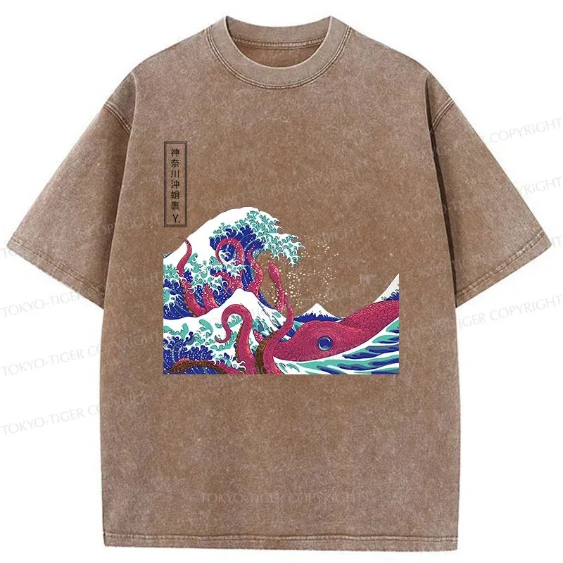 Tokyo-Tiger Octopus And Waves Washed T-Shirt