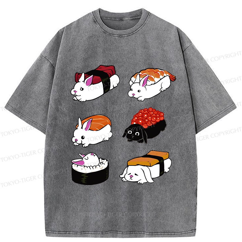 Tokyo-Tiger Cute Rabbit Sushi Washed T-Shirt
