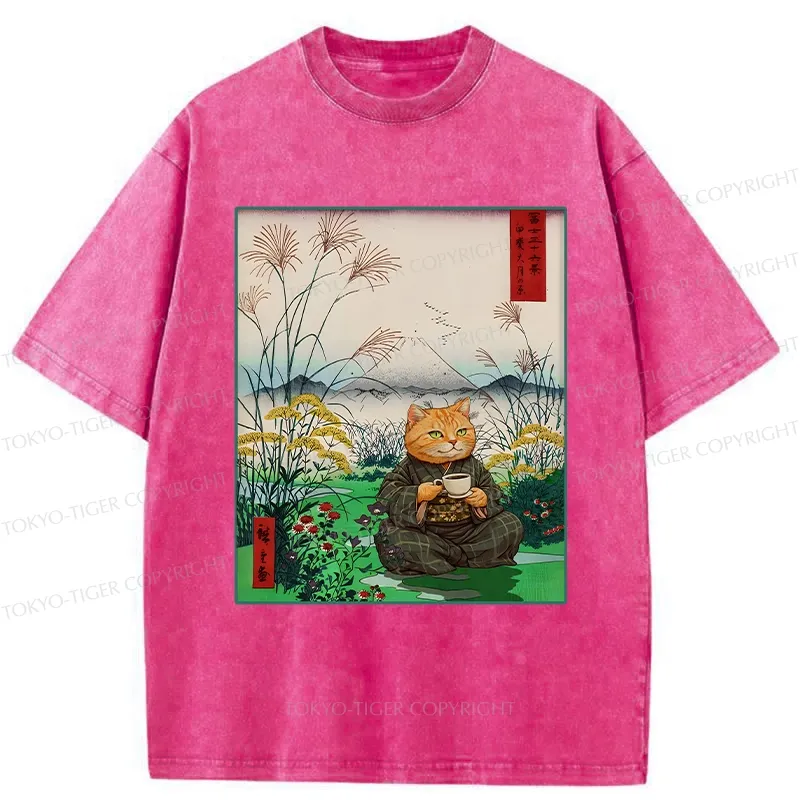 Tokyo-Tiger Cozy Cat Drinking Coffee Washed T-Shirt
