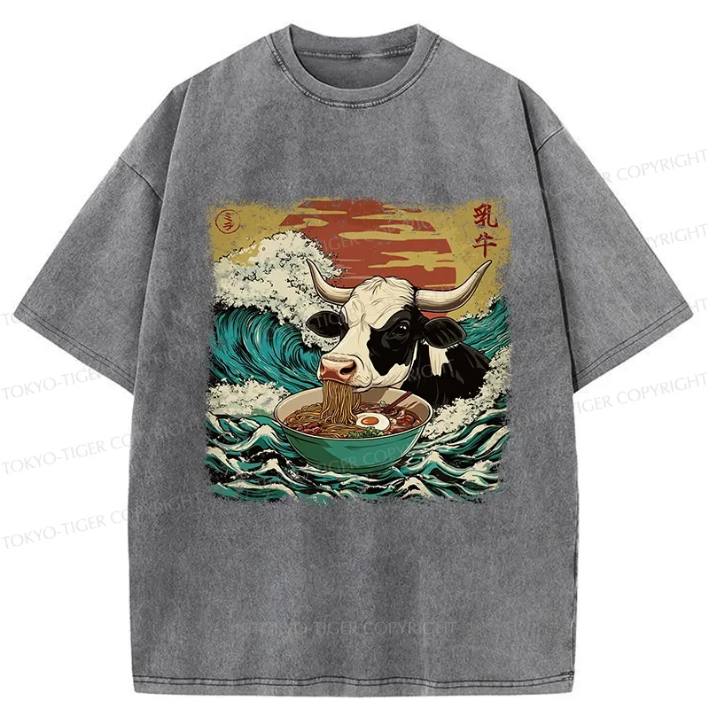 Tokyo-Tiger Ramen Lover Cow Washed T-Shirt Sale