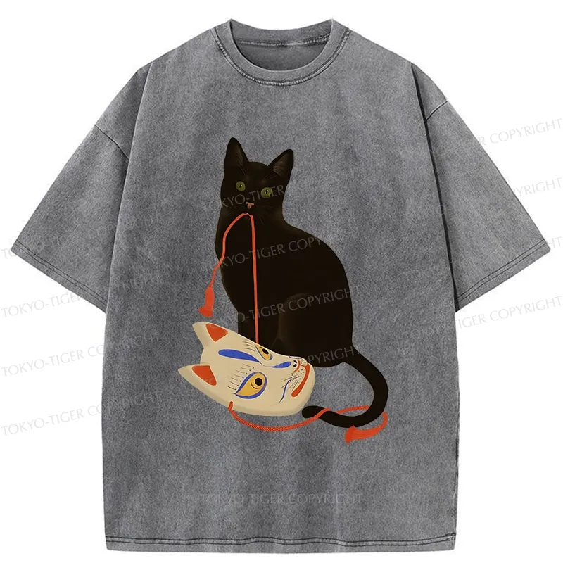 Tokyo-Tiger Cat Holding A Fox Mask Washed T-Shirt