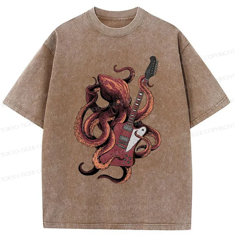 Tokyo-Tiger Octopus Playing Guitar Washed T-Shirt
