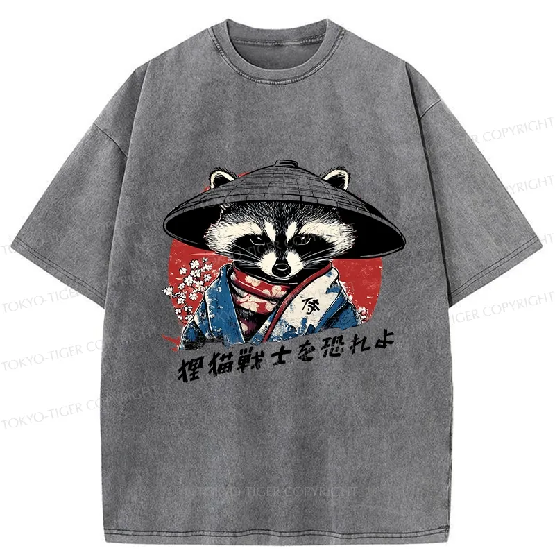 Tokyo-Tiger Japanese Raccoon Samurai Washed T-Shirt
