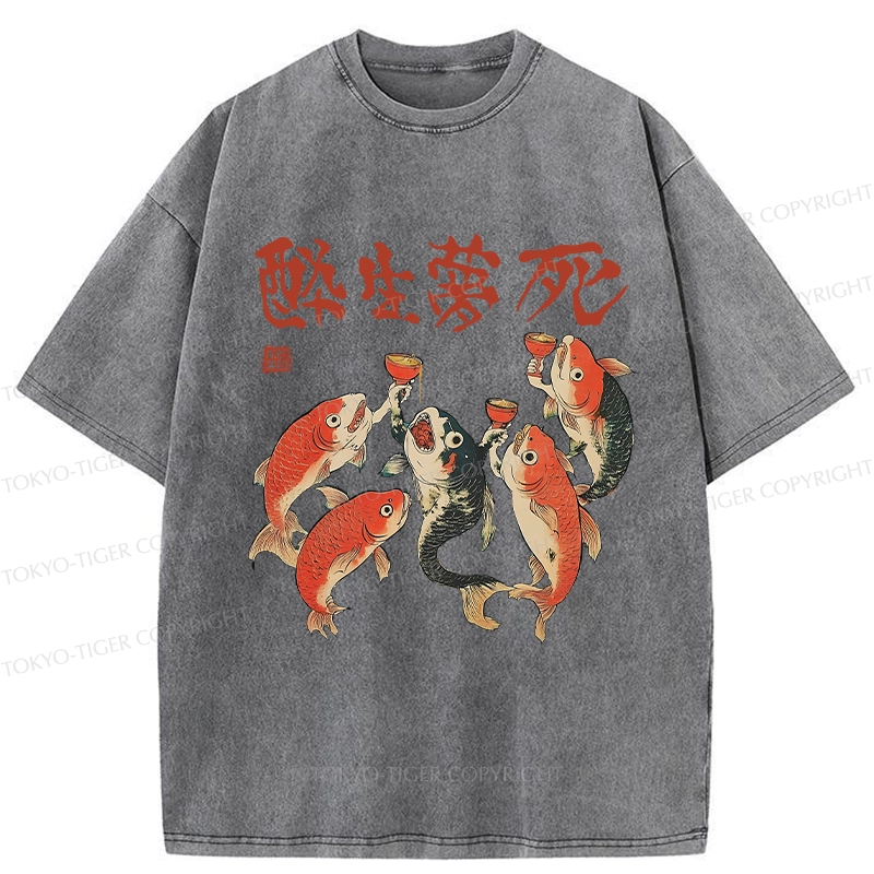 Tokyo-Tiger Funny Fish Drink Together Washed T-Shirt