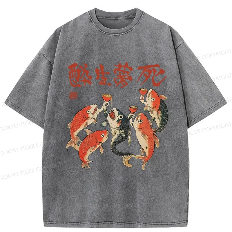 Tokyo-Tiger Funny Fish Drink Together Washed T-Shirt