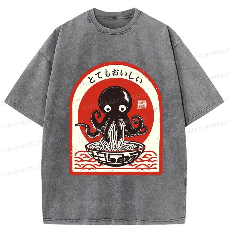 Tokyo-Tiger Ramen Lover Octopus Washed T-Shirt