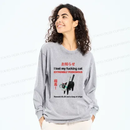 Tokyo-Tiger Find The Toxic Cat Funny Washed Long Sleeve T-Shirt