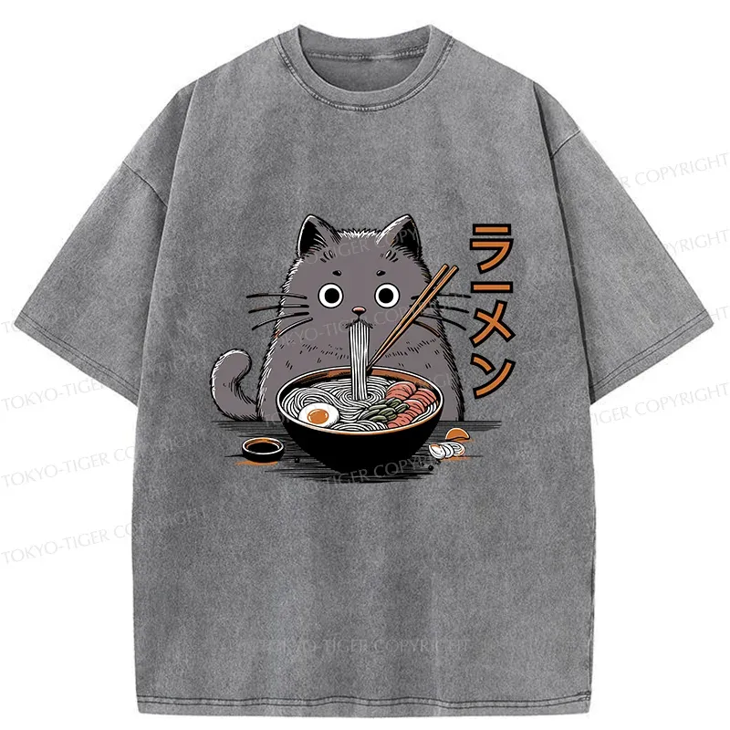 Tokyo-Tiger Kawaii Cat Ramen Washed T-Shirt