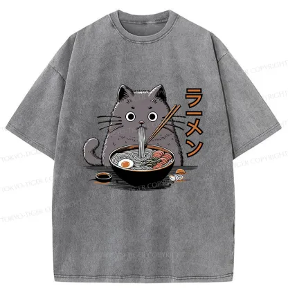 Tokyo-Tiger Kawaii Cat Ramen Washed T-Shirt