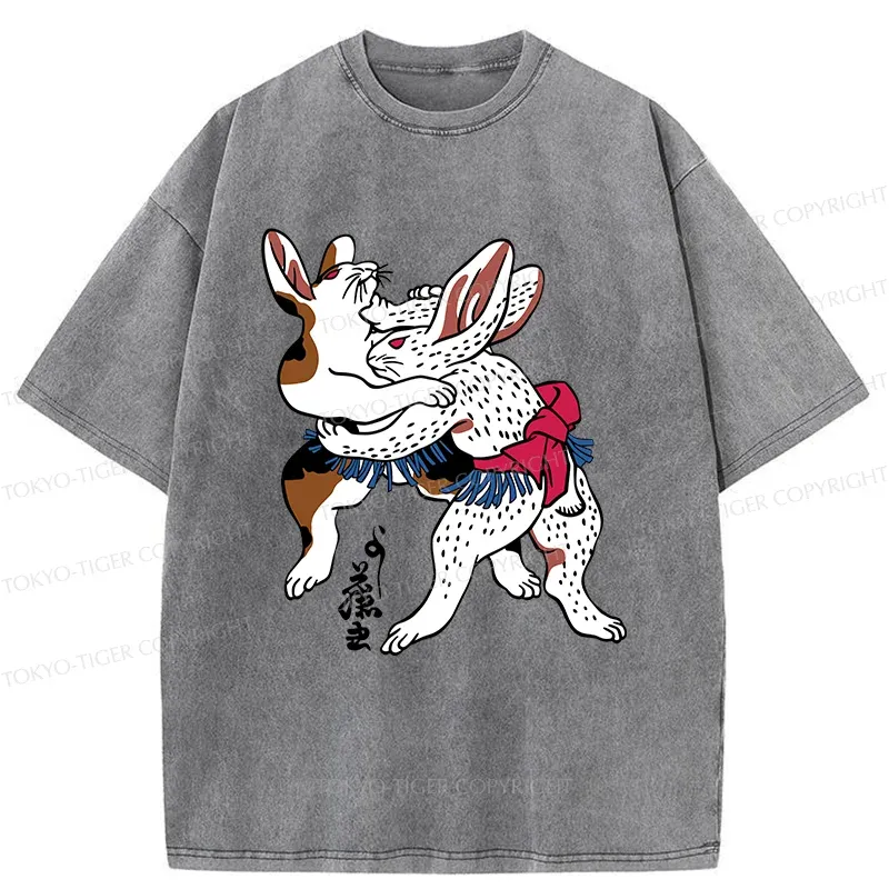 Tokyo-Tiger Rabbits Wrestling Sumo Washed T-Shirt