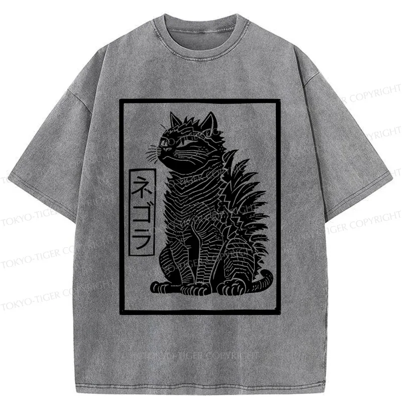 Tokyo-Tiger Fierce Catzilla Funny Washed T-Shirt