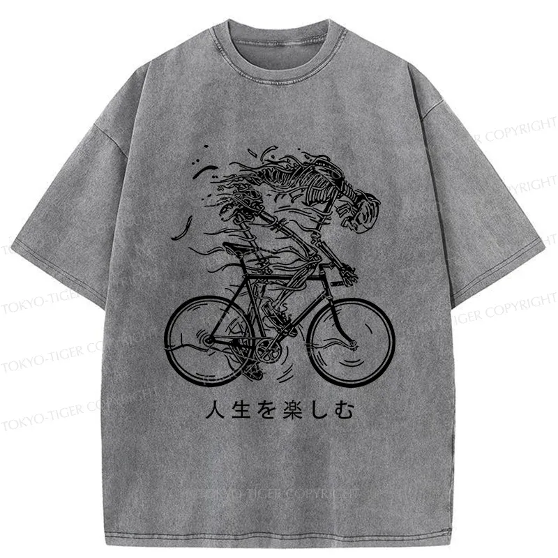 Tokyo-Tiger Skeleton Riding A Bicycle Washed T-Shirt