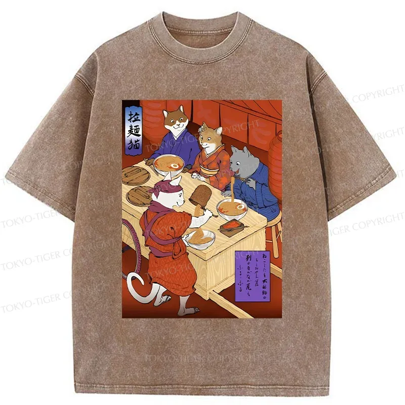 Tokyo-Tiger Cats At Dinner Party Washed T-Shirt