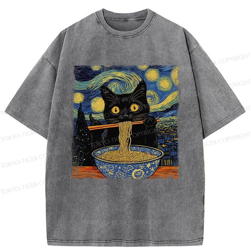 Tokyo-Tiger Cat Ramen Lover Washed T-Shirt