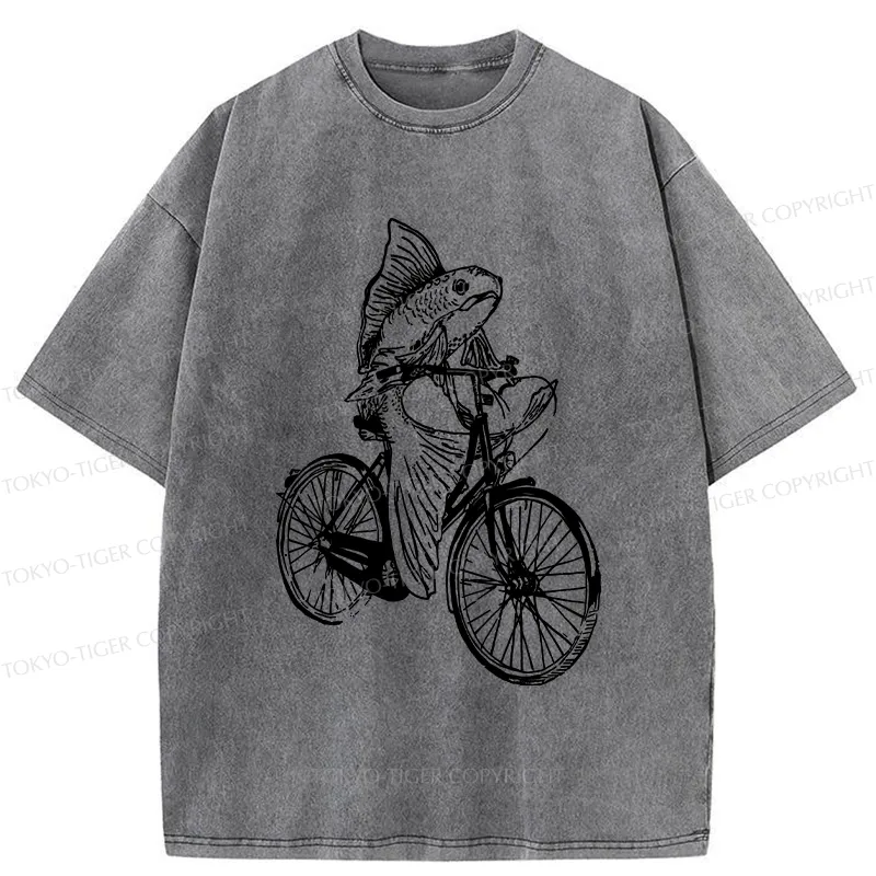 Tokyo-Tiger Funny Fish Riding A Bicycle Washed T-Shirt