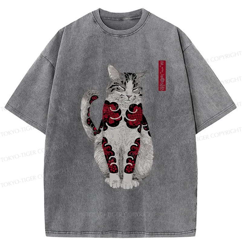 Tokyo-Tiger Tattooed Cat Washed T-Shirt Sale