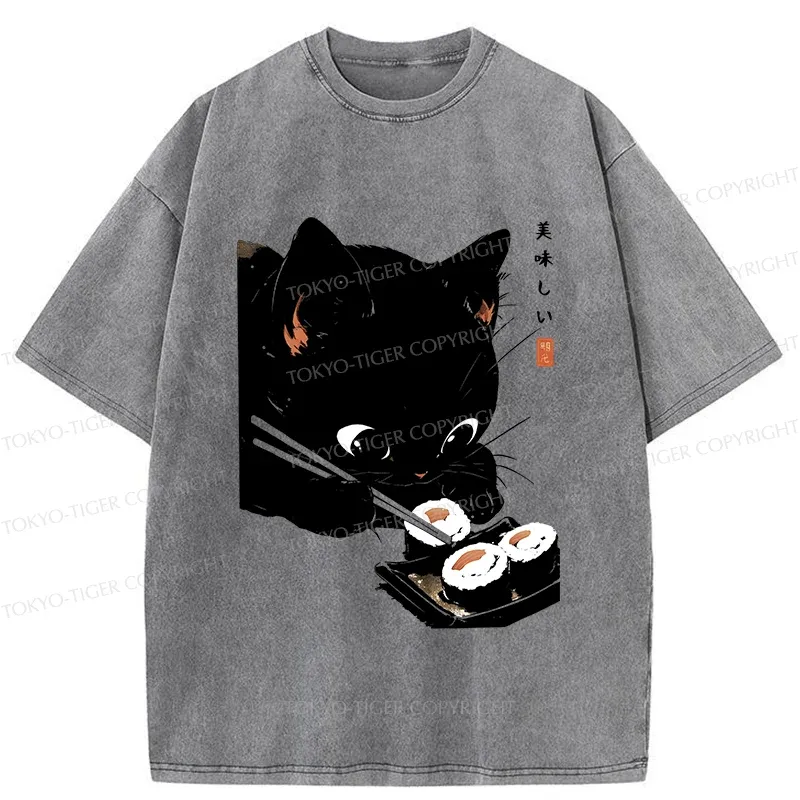 Tokyo-Tiger Cat Eating Rice Balls Washed T-Shirt