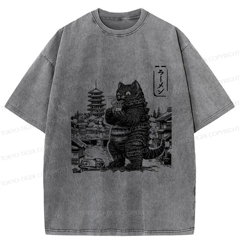 Tokyo-Tiger Ramen Lover Cat Monster Washed T-Shirt Sale