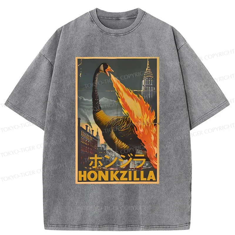 Tokyo-Tiger Funny Honkzilla Washed T-Shirt