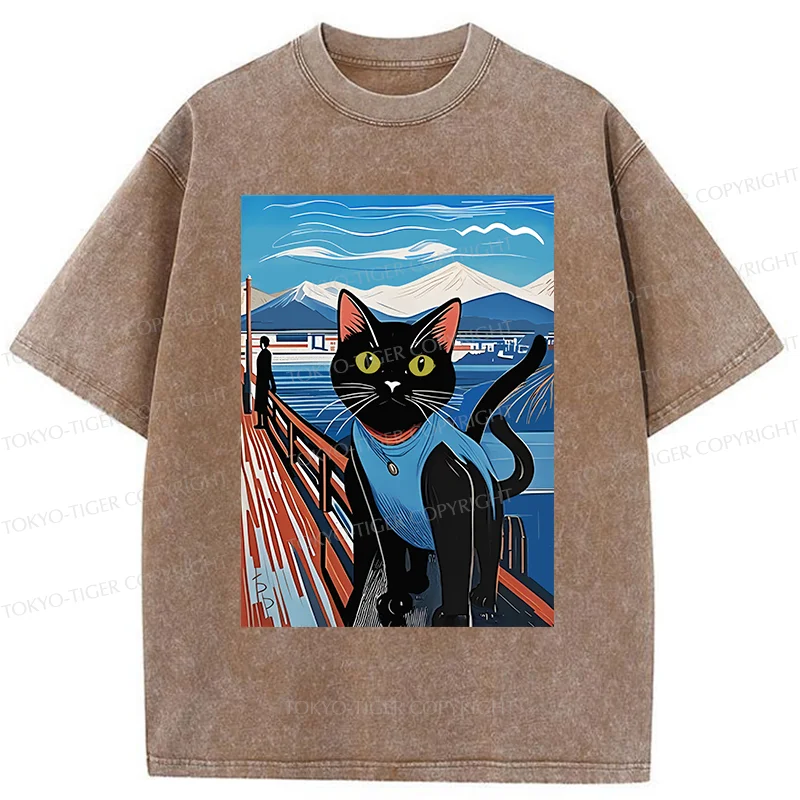 Tokyo-Tiger Cat On The Fence Washed T-Shirt