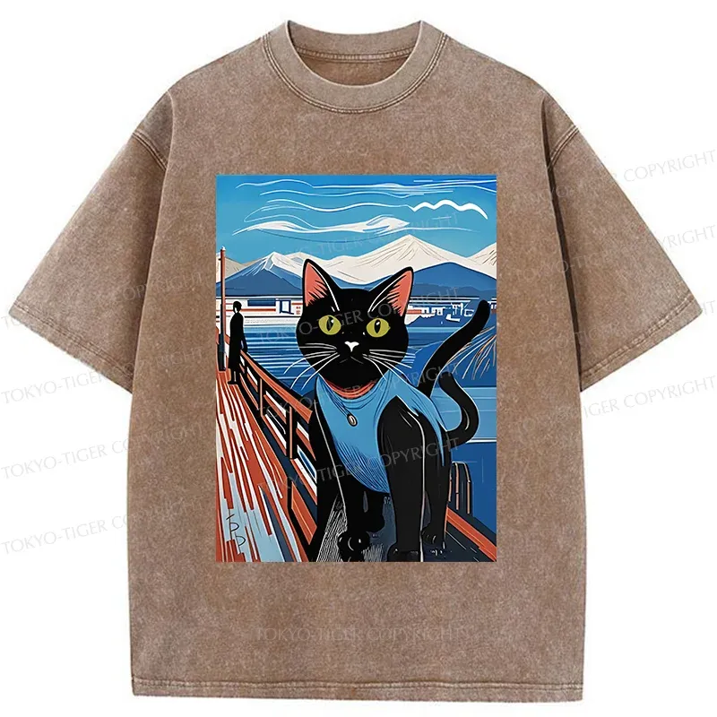 Tokyo-Tiger Cat On The Fence Washed T-Shirt