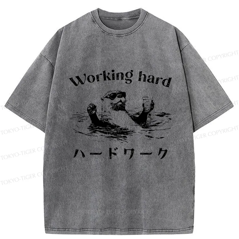 Tokyo-Tiger Funny Working Hard Otter Washed T-Shirt