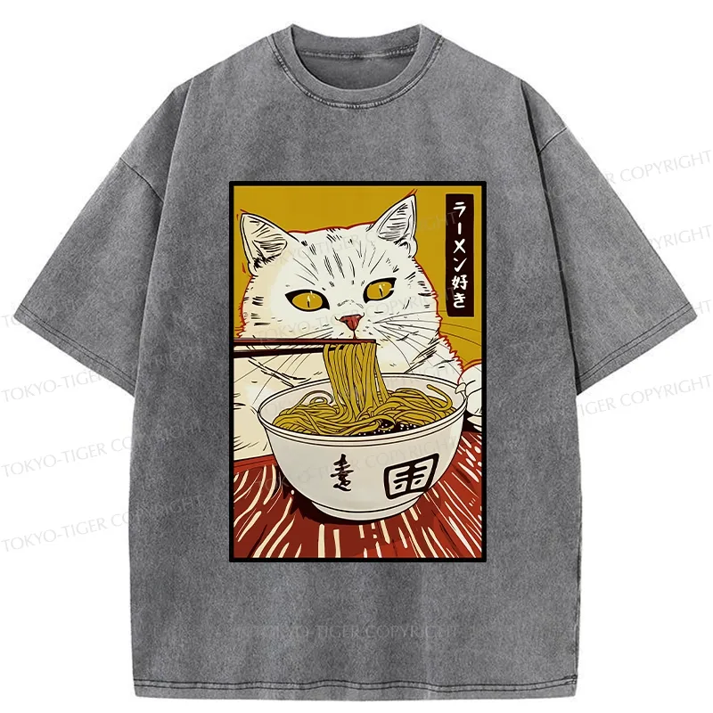 Tokyo-Tiger Cute Cat Ramen Lover Washed T-Shirt
