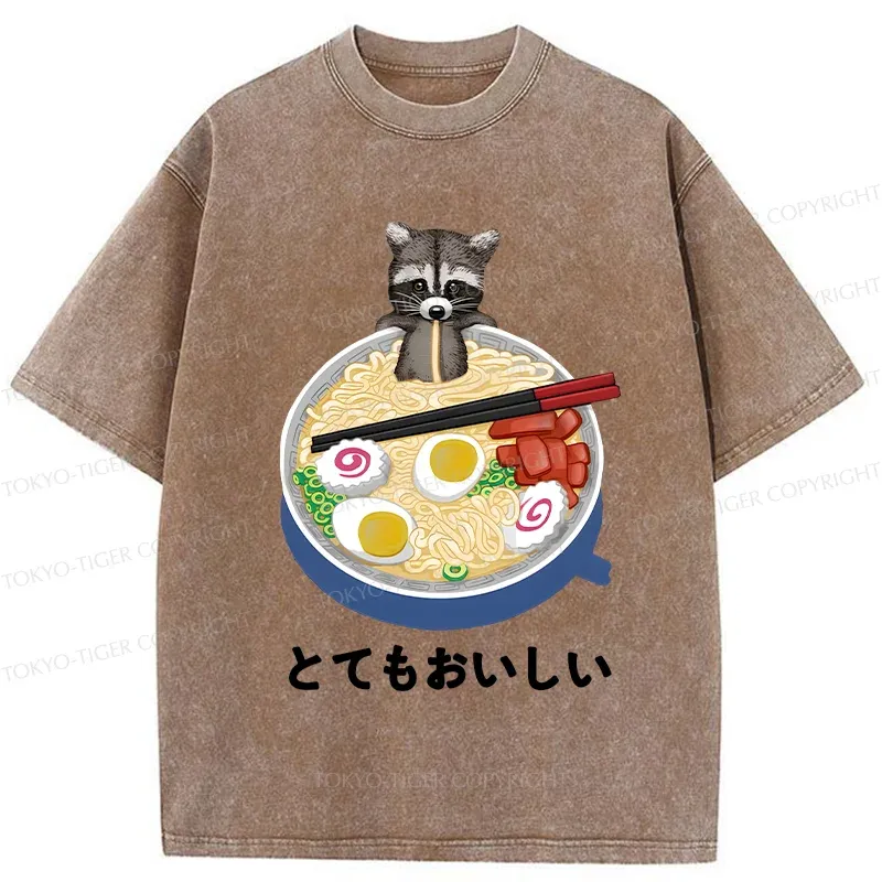 Tokyo-Tiger Raccoon Eating Ramen Washed T-Shirt