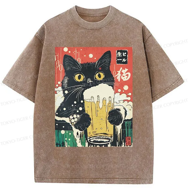 Tokyo-Tiger Cat Drinking Beer Funny Washed T-Shirt