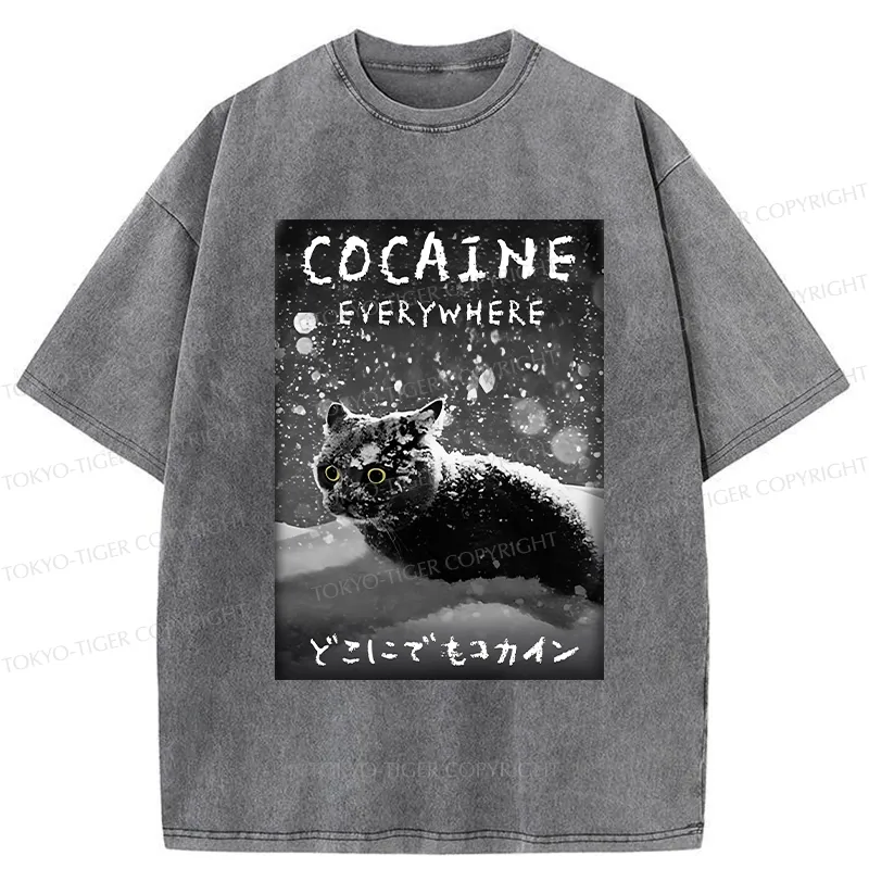 Tokyo-Tiger Funny Coaine Everywhere Washed T-Shirt