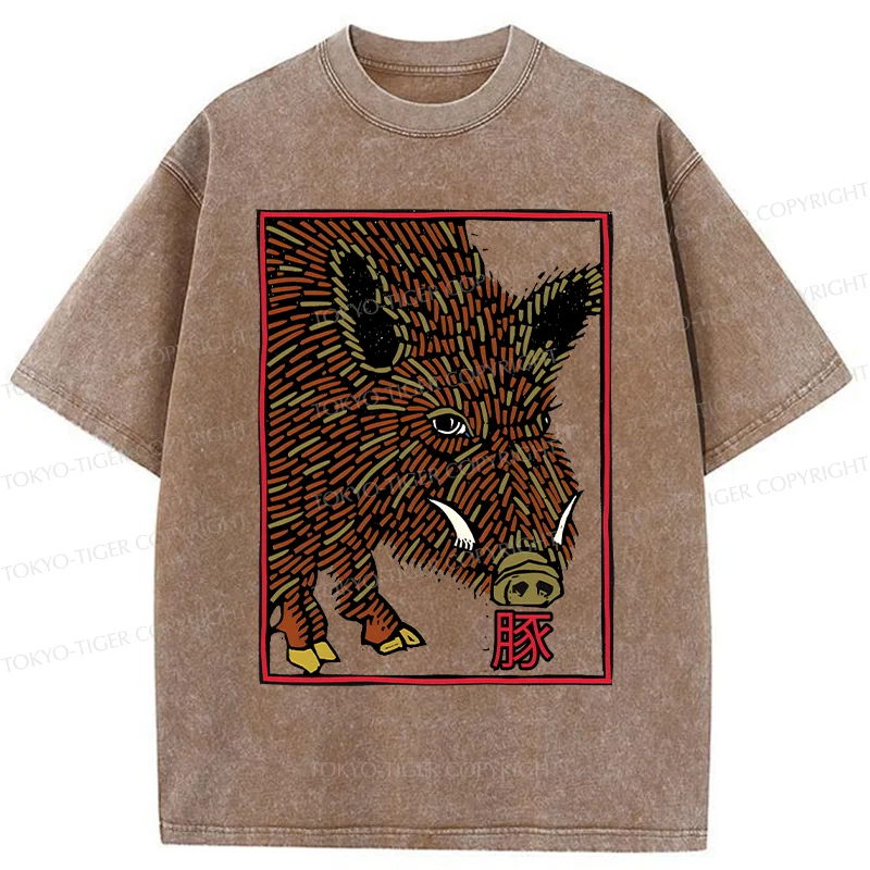Tokyo-Tiger Woodcut Pig Washed T-Shirt