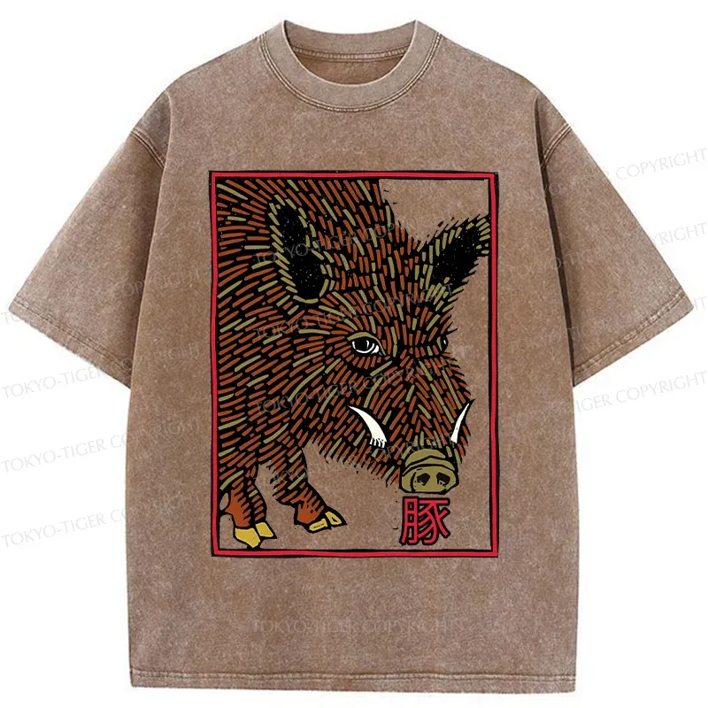 Tokyo-Tiger Woodcut Pig Washed T-Shirt