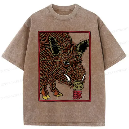 Tokyo-Tiger Woodcut Pig Washed T-Shirt