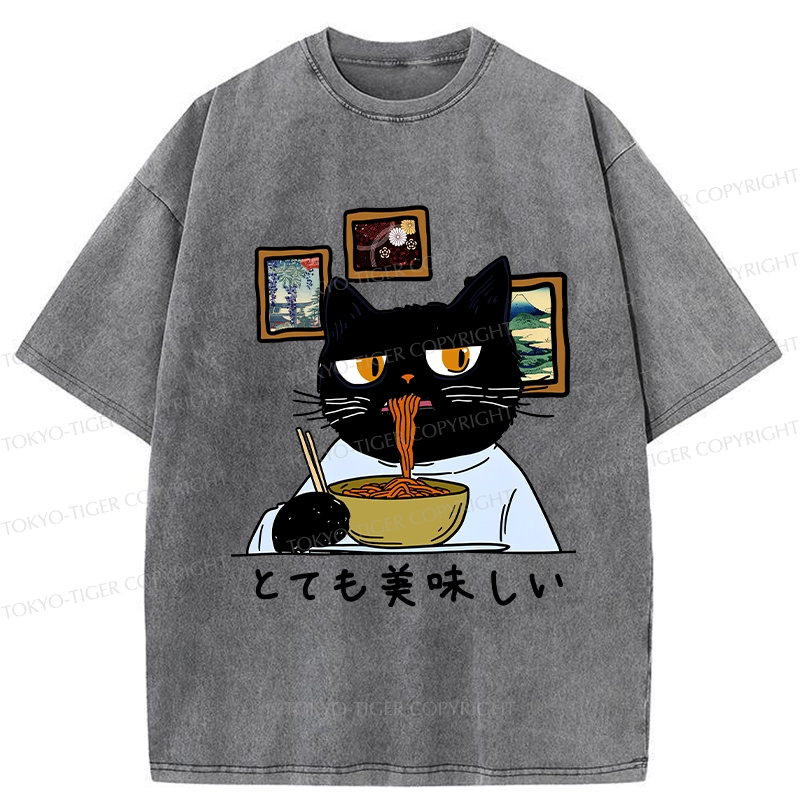 Tokyo-Tiger Cat Eating Delicious Ramen Washed T-Shirt