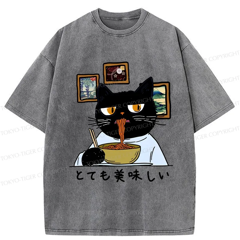 Tokyo-Tiger Cat Eating Delicious Ramen Washed T-Shirt
