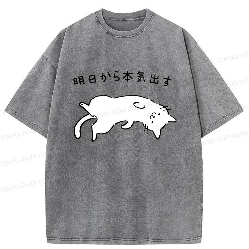 Tokyo-Tiger Lazy Cat Funny Washed T-Shirt