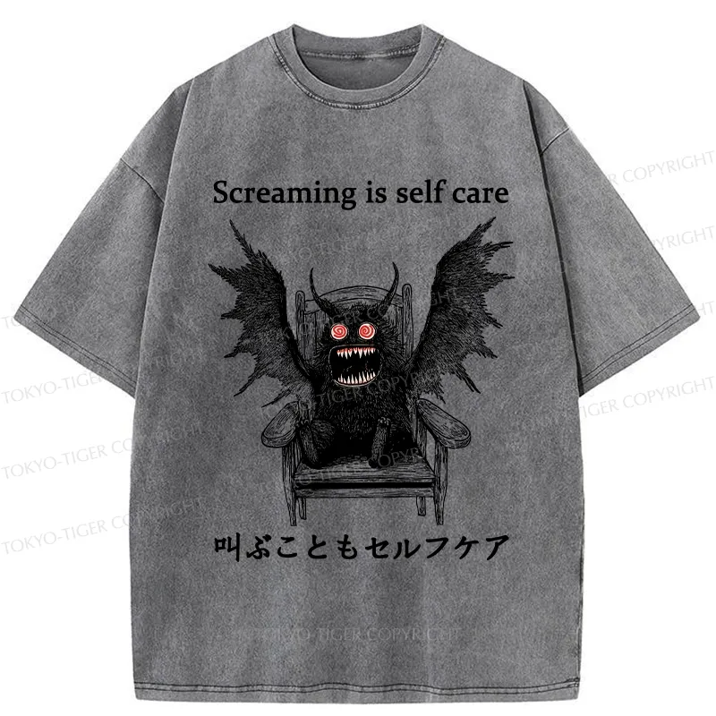 Tokyo-Tiger Screaming Is Self Care Washed T-Shirt